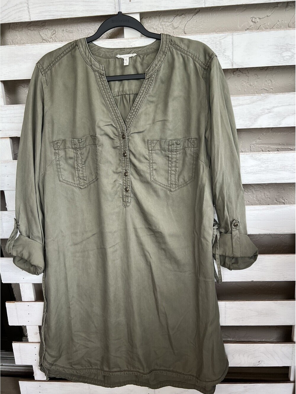 Womens maurices Long Roll Tab Sleeve green Belt dress Pockets Size L.